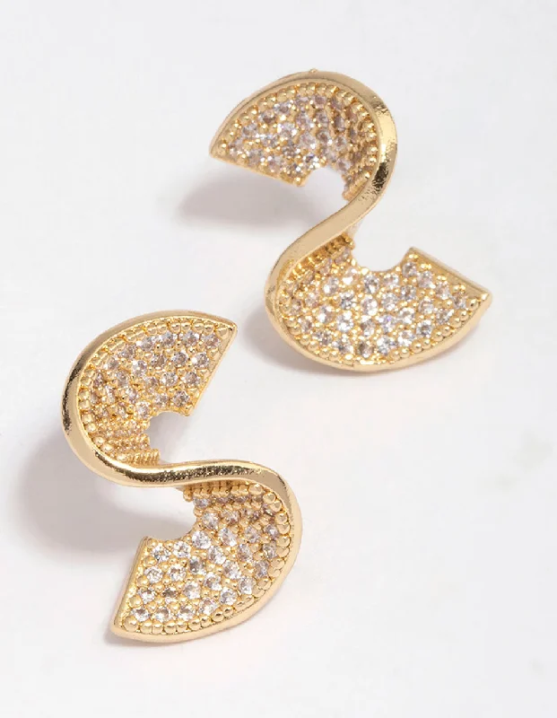 Gold ladies earrings for daily wear-Gold Plated Cubic Zirconia Twisted Stud Earrings