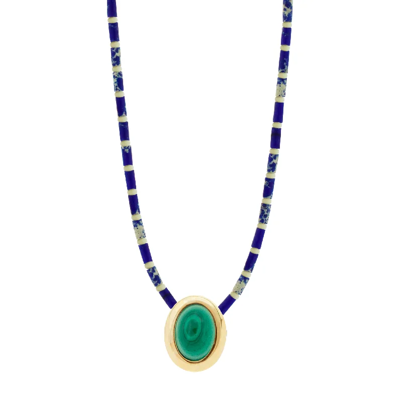 Designer ladies necklaces for special occasions-Oval Malachite Cabochon on Jasper Beaded Necklace