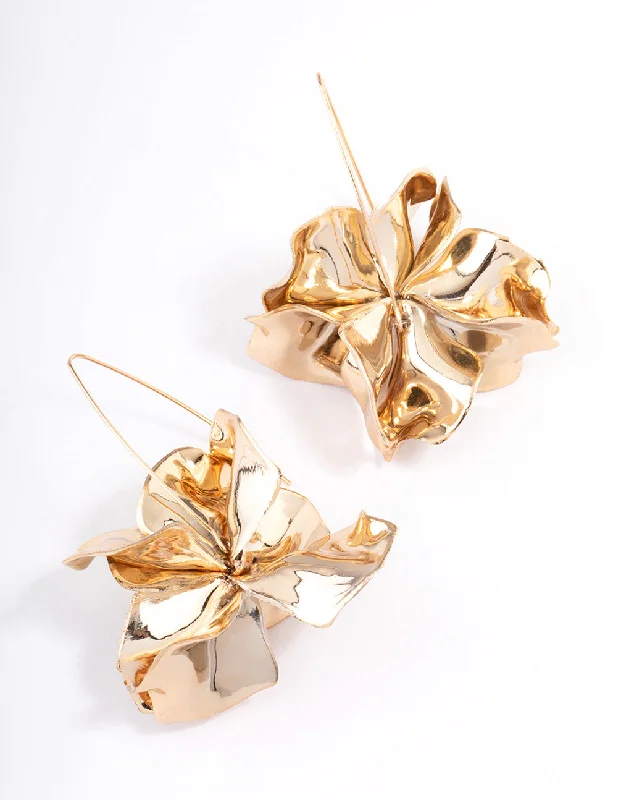 Fashionable ladies earrings with pearls-Gold Frosted Flower Drop Earrings