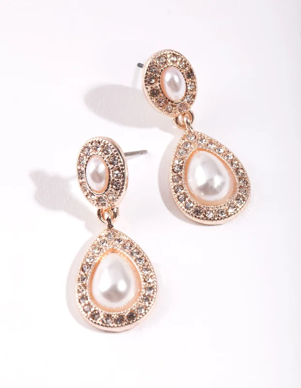 Elegant drop earrings for women-Rose Gold Mini Diamante & Pearl Double Teardrop Earrings