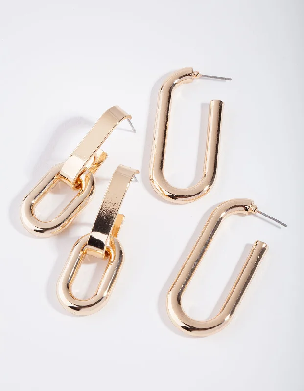 Beautifully designed ladies earrings-Gold Pack Rectangle Link & Hoop Earring