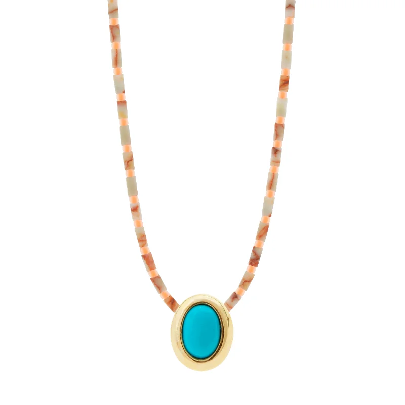 Vintage ladies necklaces with pendants-Oval Turquoise Cabochon on Jasper Beaded Necklace