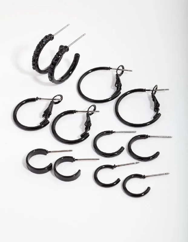 Luxury ladies earrings with emeralds-Matte Black Diamante 6-Pack Earring