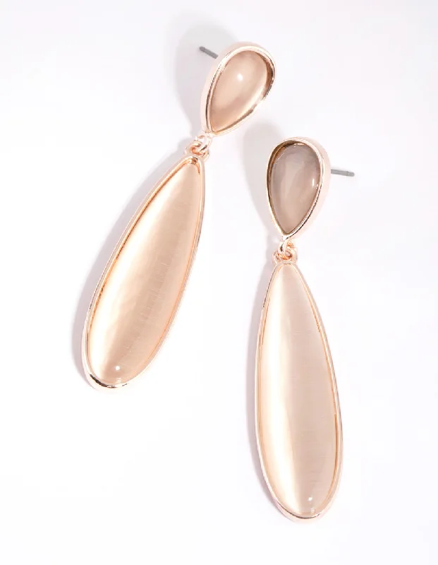 Large gemstone ladies earrings-Rose Gold Long Cats Eye Drop Earrings