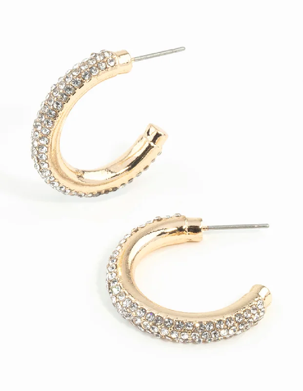 Silver stud earrings for women-Gold Diamante Tube Hoop Earrings