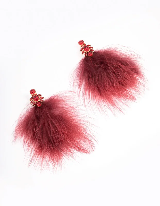 Layered gold ladies earrings-Red Stone Feather Drop Earrings