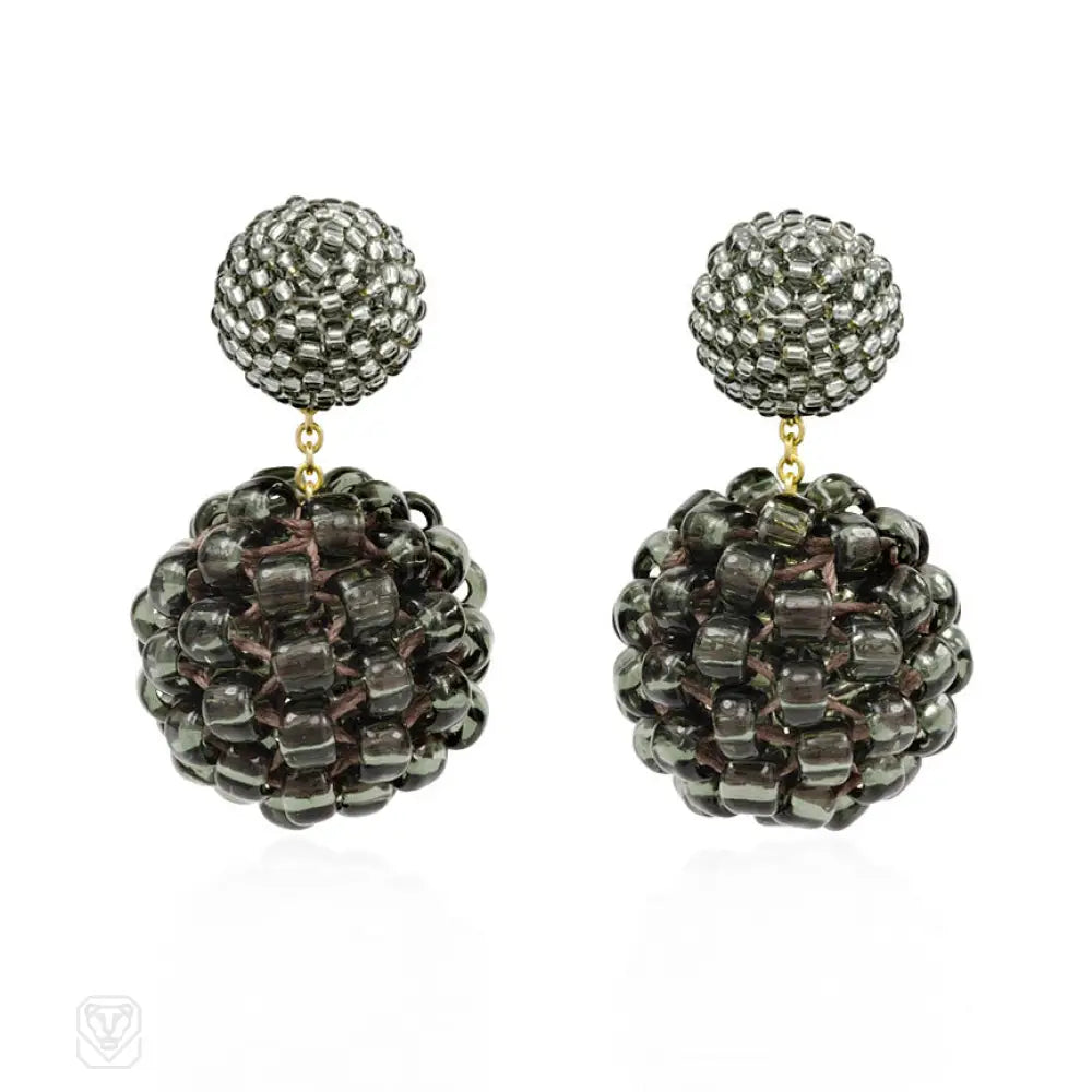 Hoop ladies earrings for women-Silver and grey glass beaded double ball earrings