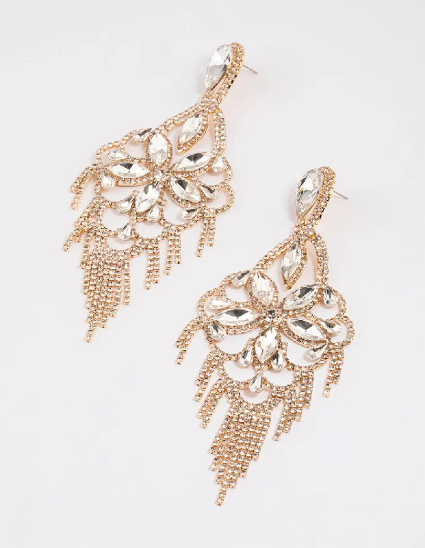 Fashionable ladies earrings with pearls-Gold Statement Glam Drop Earrings