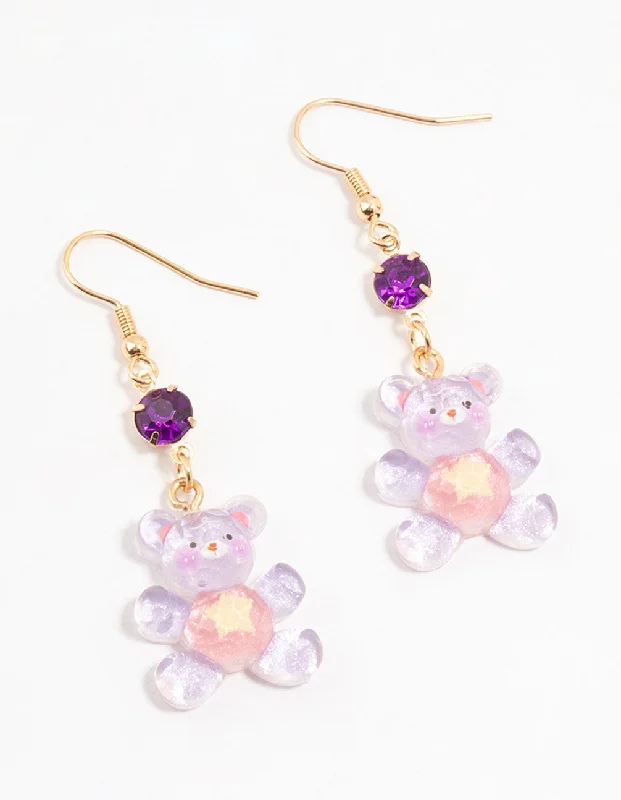 Rose gold ladies earrings-Purple Acrylic Diamante Glitter Teddy Bear Drop Earrings