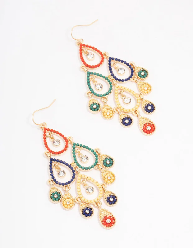 Luxury sapphire ladies earrings-Gold Beaded Open Drop Earrings