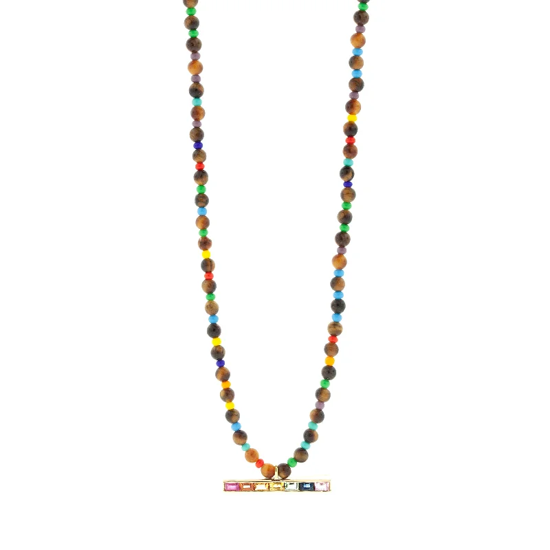 Statement ladies necklaces with crystals-Rainbow Sapphire Baguette ID Bar on Tiger's Eye Beaded Necklace