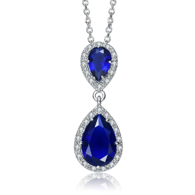 Diamond ladies necklaces for formal wear-.925 Sterling Silver With Rhodium Plated Two Sapphire Blue Pear With Round Cubic Zirconia Halo Drop Necklace