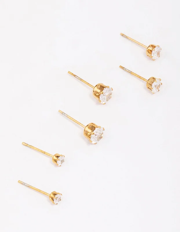 Luxury ladies earrings with emeralds-Gold Plated Surgical Steel Graduating Cubic Zirconia Stud Earring 3-Pack