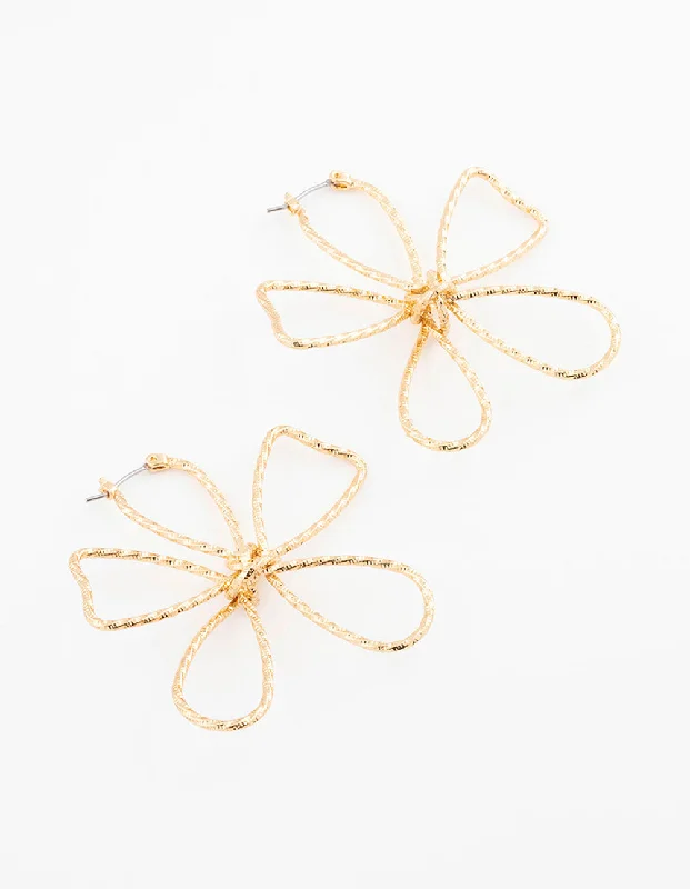 Bridal earrings for ladies-Gold Plated Textured Wire Flower Statement Earrings