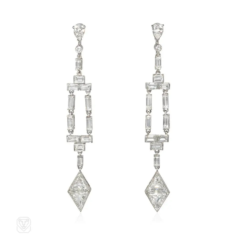 Opal gemstone ladies earrings-Art Deco diamond kite pendant earrings