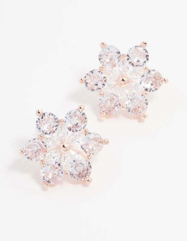 Classic pearl ladies earrings-Rose Gold Plated Large Round Cubic Zirconia Marquise Flower Earrings