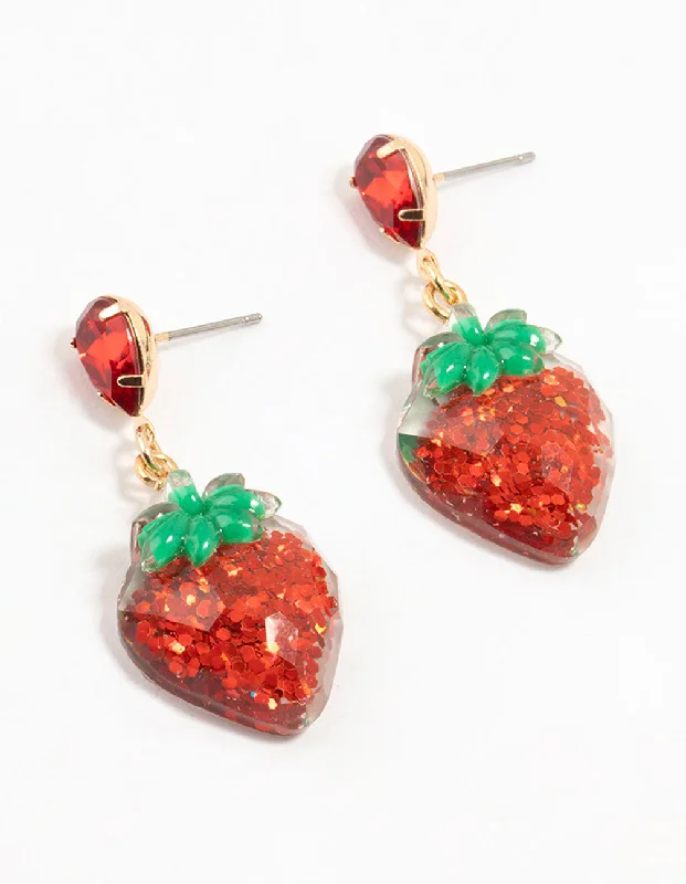 Dazzling diamond ladies earrings-Red Acrylic Diamante Strawberry Drop Earrings