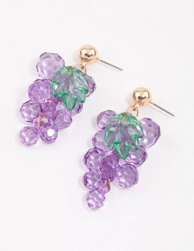 Geometric design ladies earrings-Purple Beaded Grape Drop Earrings