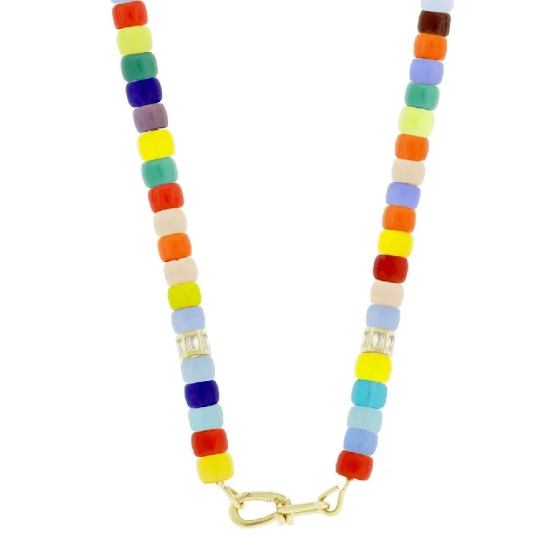 Designer ladies necklaces for special occasions-Wire Clasp on Multicolor Glass Bead Necklace with Diamond Barrels