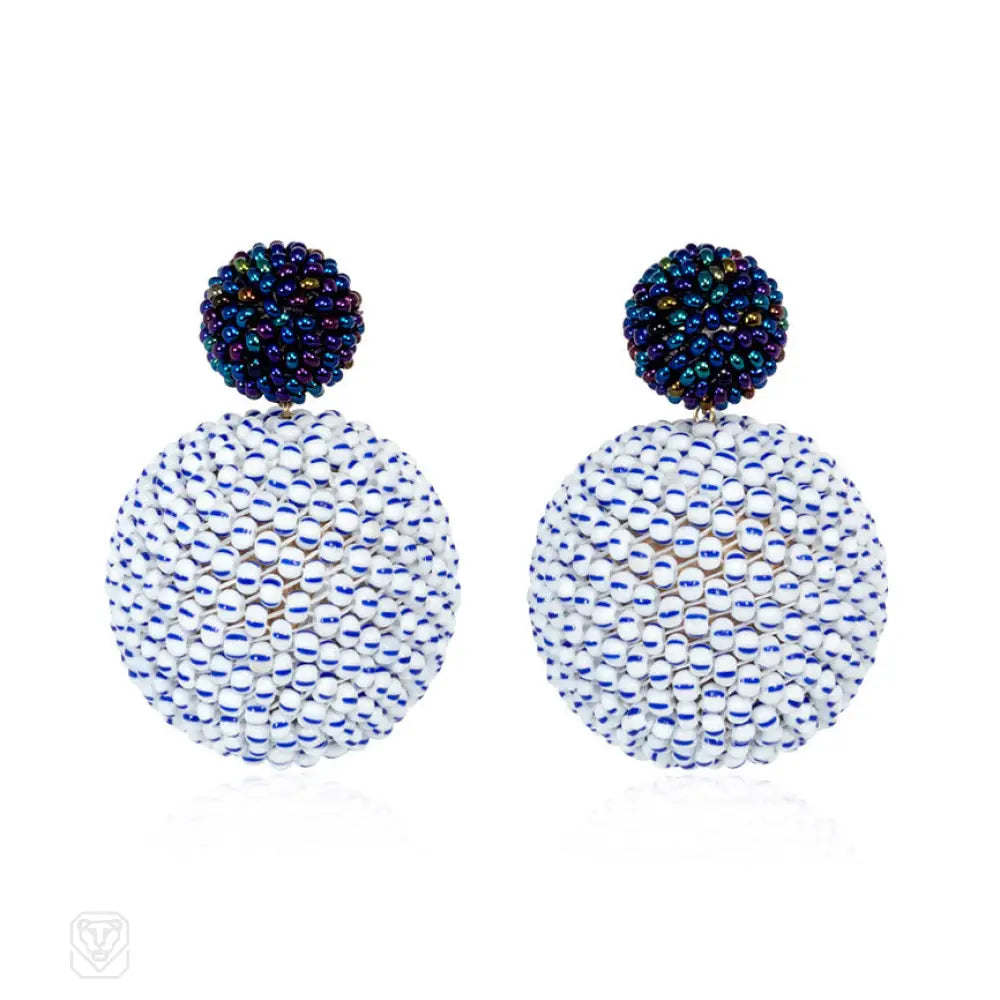 Bridal earrings for ladies-Hand Beaded Earrings with Blackberry Luster and White/Blue-Striped Beads