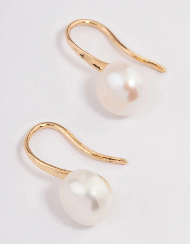 Large dangle ladies earrings-Gold Plated Freshwater Pearl Small Hook Drop Earrings