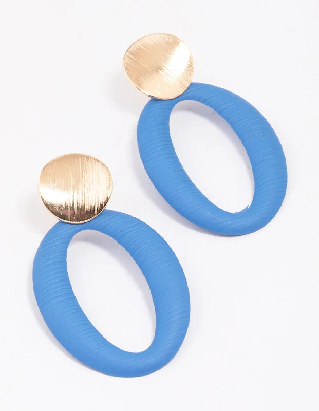 Custom name ladies earrings-Gold & Blue Disc Textured Oval Drop Earrings