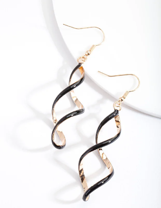 Handcrafted diamond ladies earrings-Black Gold Spiral Earrings