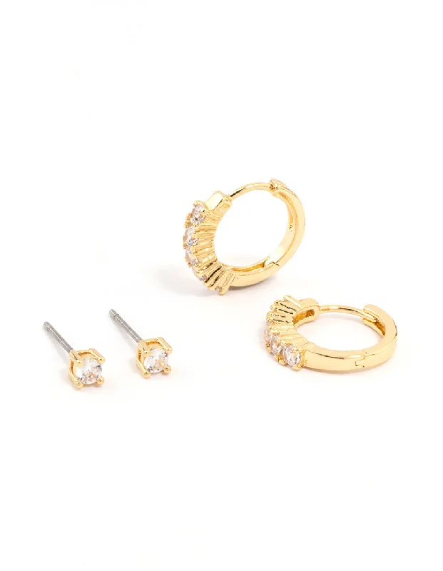 Vintage pearl earrings for ladies-Gold Plated Cubic Zirconia Stud & Small Hoop Earrings 2-Pack