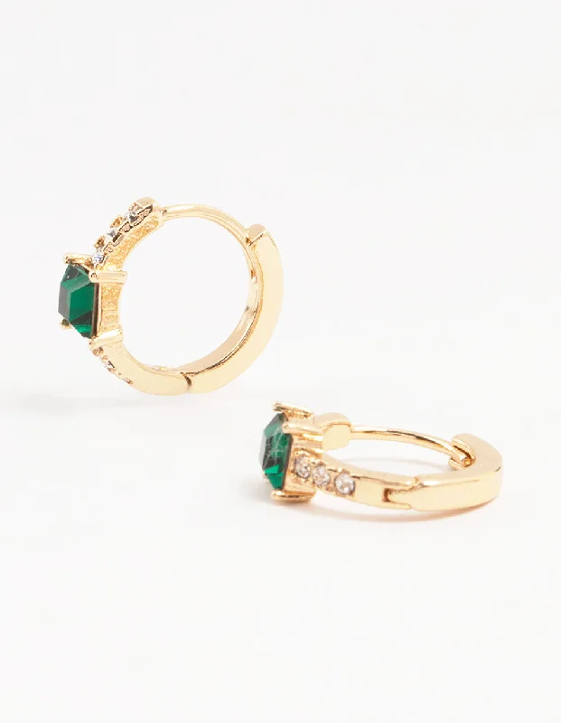 Modern statement ladies earrings-Gold Green Baguette Bohemia Czech Crystal Huggie Earrings