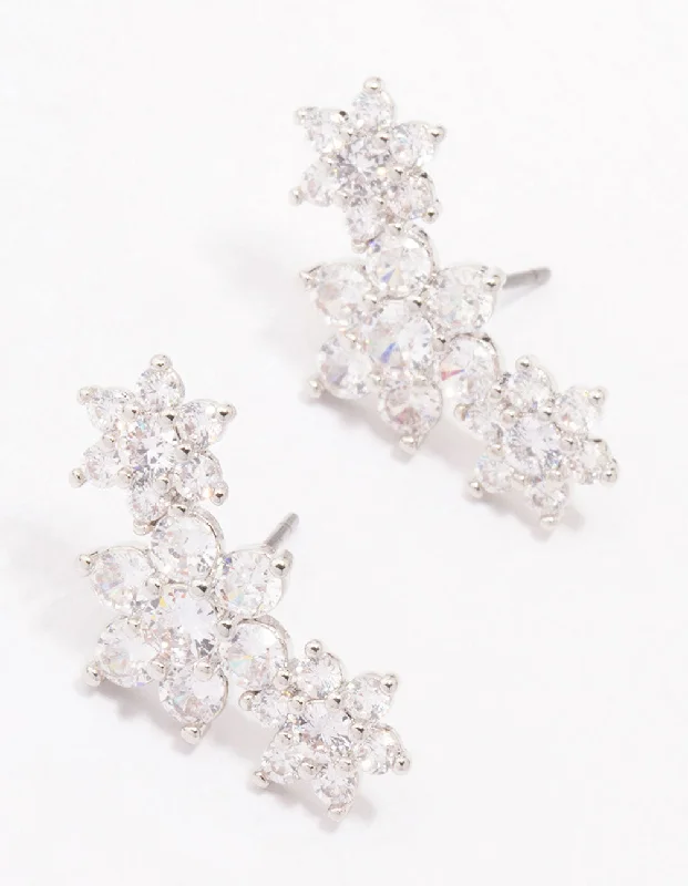 Chic and trendy ladies earrings-Silver Cubic Zirconia Flower Stud Earrings