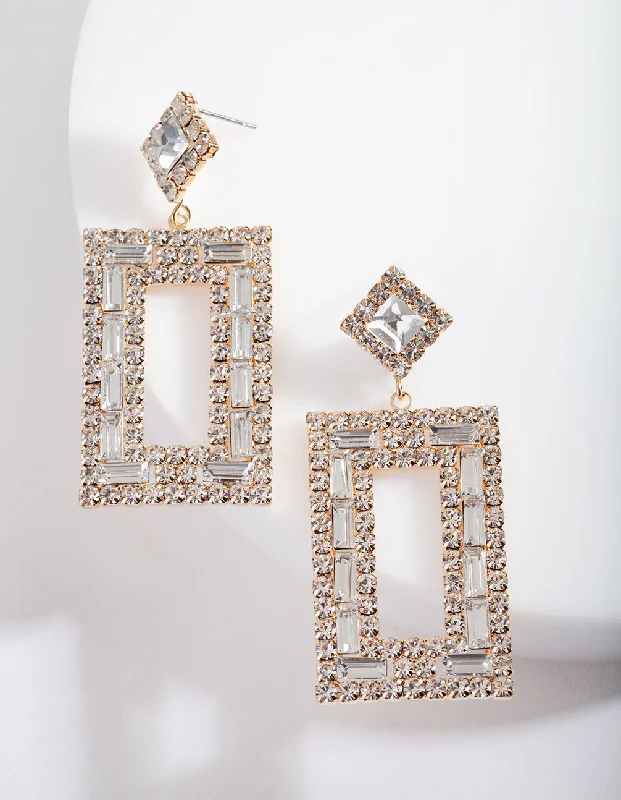 Silver stud earrings for women-Small Square Diamante Drop Earrings