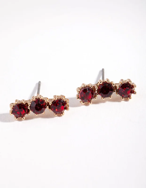 Geometric design ladies earrings-Gold Triple Red Stone Stud Earrings