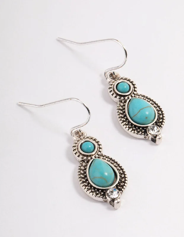 Colorful gemstone ladies earrings-Antique Silver Cabochon Drop Earrings