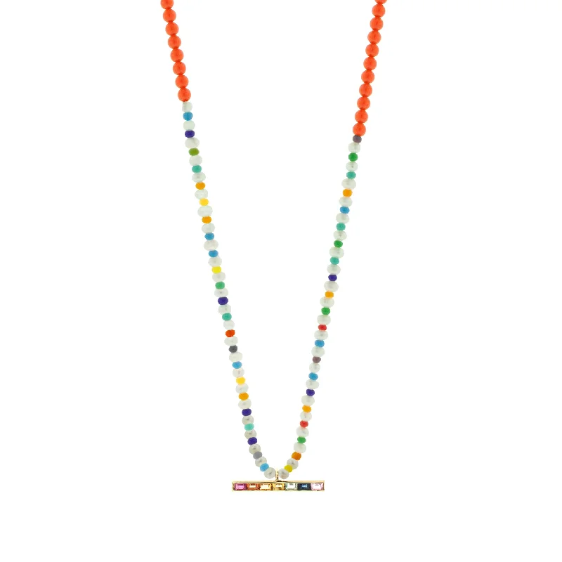 Colorful ladies necklaces for gifts-Rainbow Sapphire Baguette ID Bar on Beaded Necklace