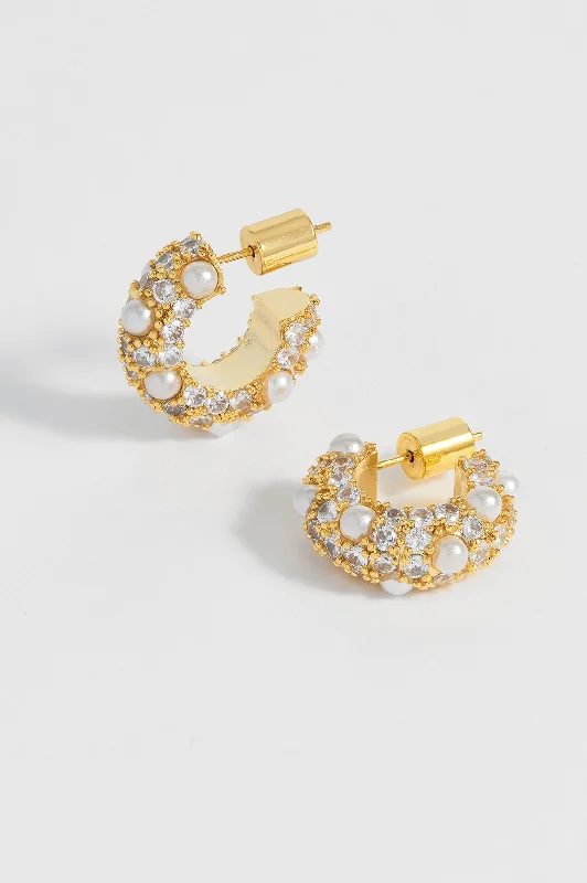 Stud earrings with colored gemstones-Embellished Pearl and CZ Hoops