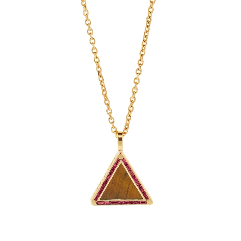 Unique ladies necklaces with stones-Triangle Tiger's Eye Pendant Necklace with Ruby Baguettes