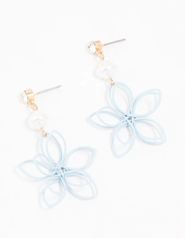 Luxury gold ladies earrings-Blue Coated Wire Flower Pearl Drop Earrings