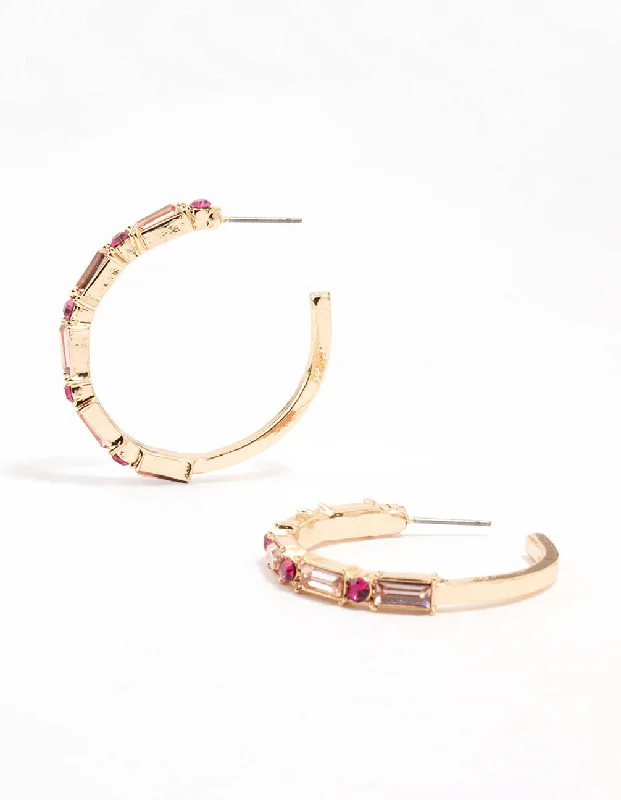 Vintage pearl earrings for ladies-Gold Baguette Pink Diamante Crystals Hoop Earrings