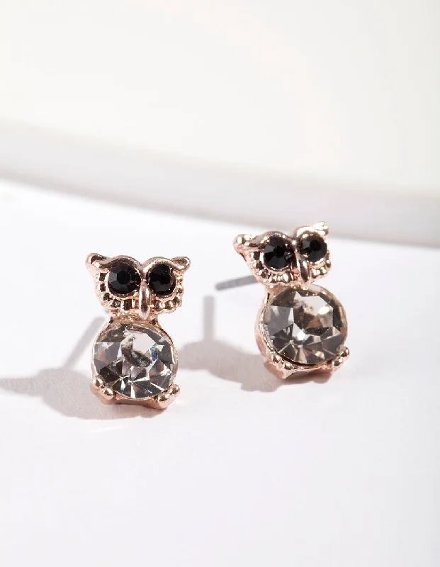 Luxury ladies earrings with emeralds-Rose Gold Diamante Owl Stud Earrings