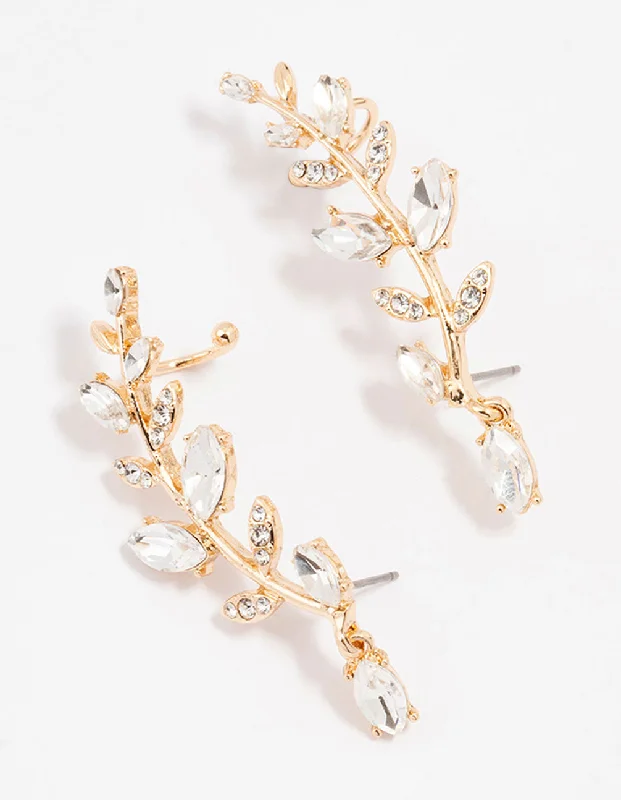 Vintage-inspired diamond ladies earrings-Gold Plated Climber Diamante Floral Cuff Earrings