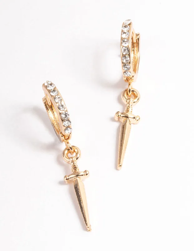 Luxury sapphire ladies earrings-Gold Mini Dagger Huggie Earrings