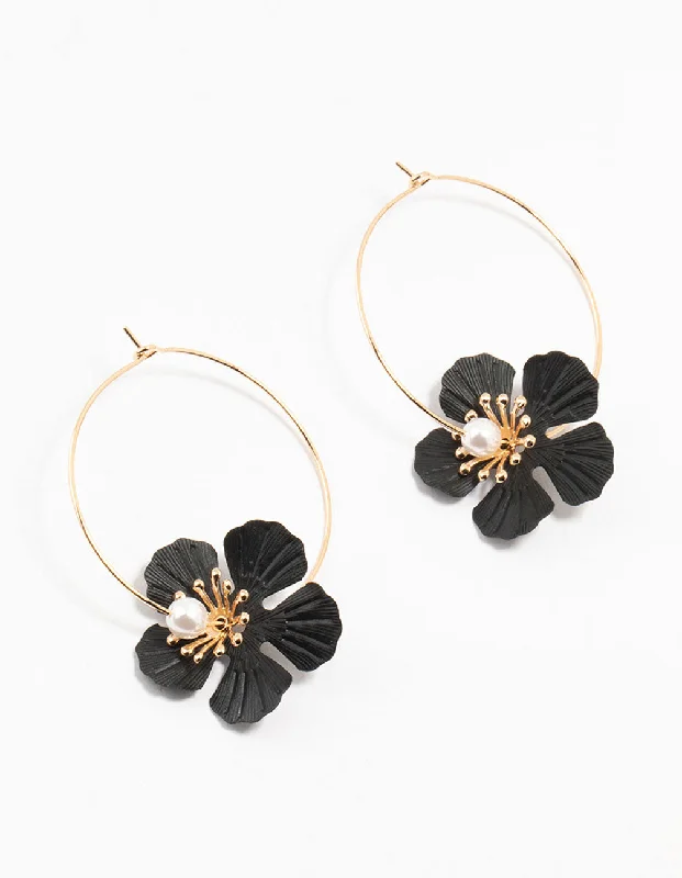 Large diamond ladies earrings-Gold & Black Coated Textured Pearl Flower Hoop Earrings