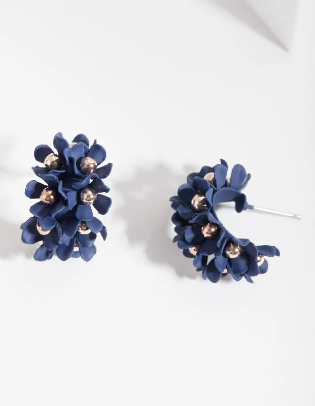 Classic round ladies earrings-Blue Mini Cluster Flower Hoop Earrings