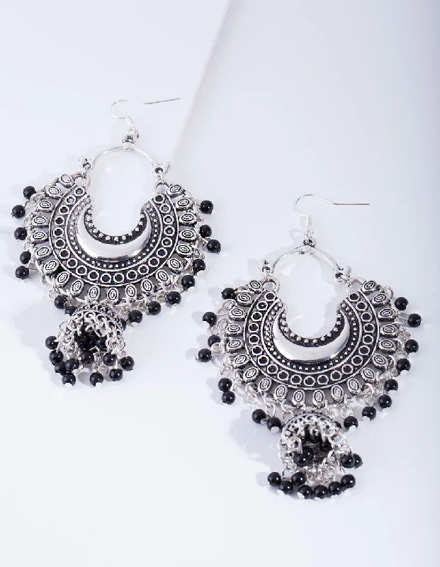 Bridal ladies earrings with diamonds-Antique Silver Black Beaded Drop Jhumka Earrings