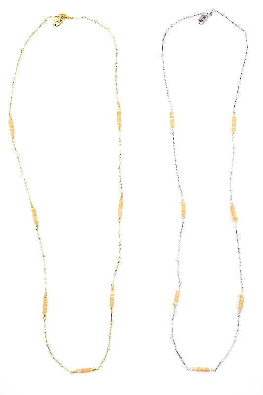 Two-tone gold ladies necklaces-Boxcar Gemstone and Bar Chain Long Necklace