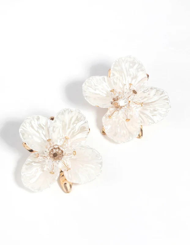 Heart-shaped ladies earrings for love-Gold Large Pearlised Flower Earrings