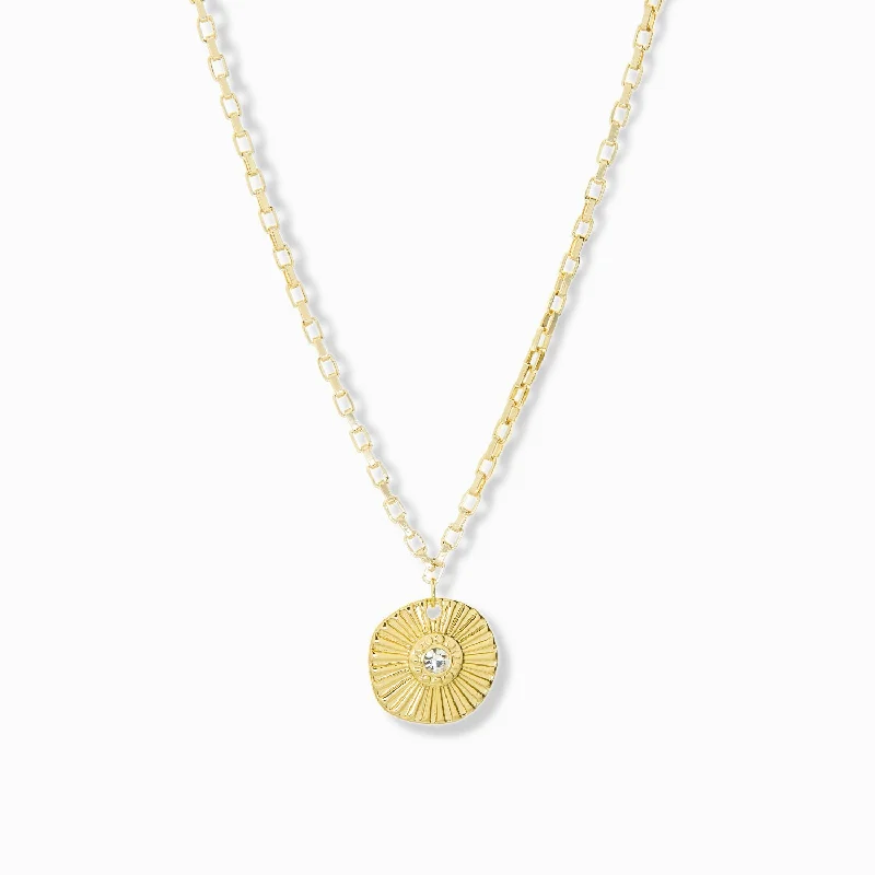 Custom gold ladies necklaces with initials-box chain necklace with ridged coin crystal charm