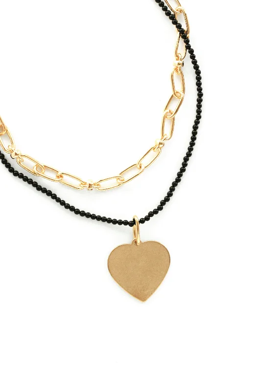 Boho chic ladies necklaces-Layered Heart Charm Necklace - Black