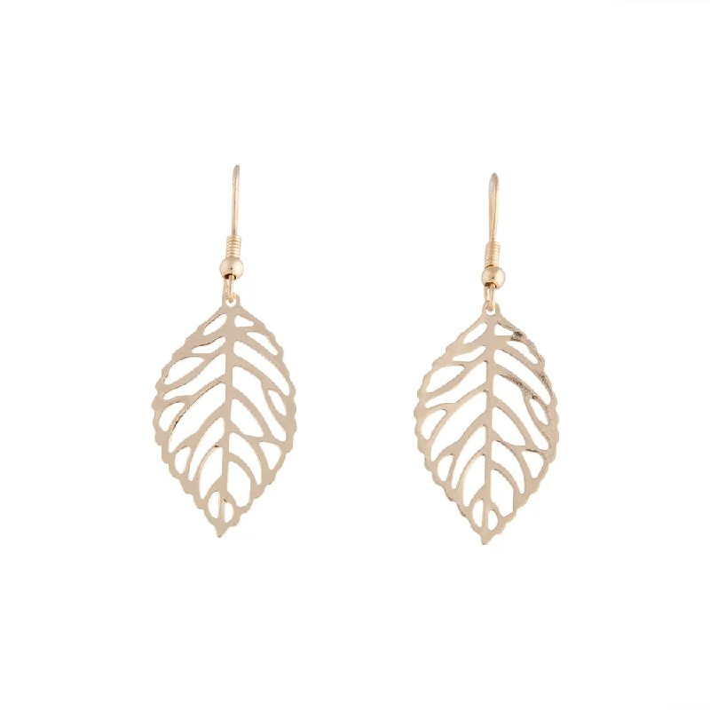 Sterling silver ladies earrings-Gold Filigree Leaf Drop Earrings