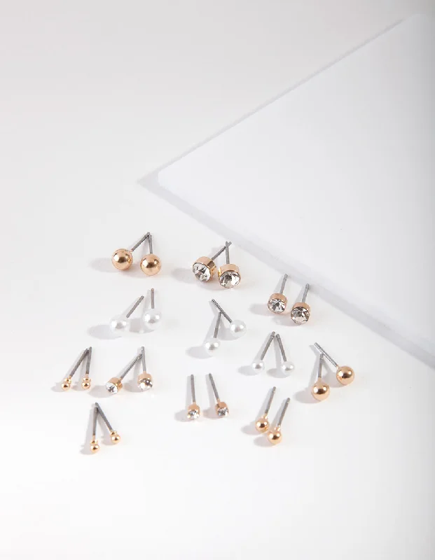 Simple stud ladies earrings-Gold Multi Size Diamante Stud 12-Pack